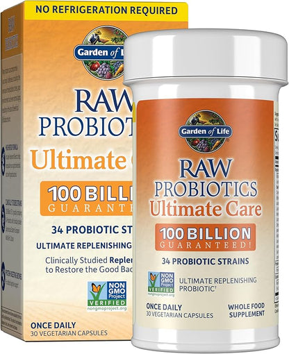 Garden of Life Raw Probiotics for Women and Men with Digestive Enzymes, 100 Billion CFU, Clinically Studied Strains, Shelf Stable, 30 Capsules