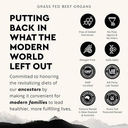 Ancestral Supplements Grass Fed Beef Organ Supplement, Supports Whole Body Wellness with Proprietary Blend of Liver, Heart, Kidney, Pancreas, Spleen, Freeze-Dried Beef, Non-GMO, 180 Capsules