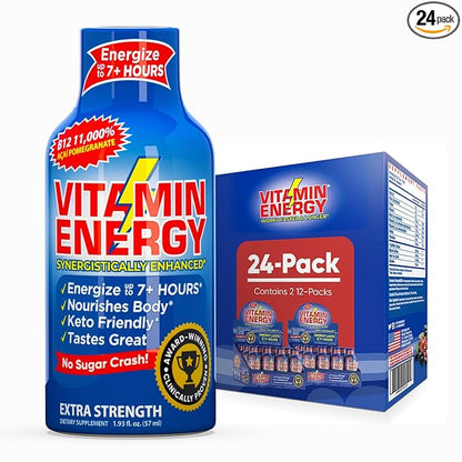 Vitamin Energy B12 11,000% Extra Strength Energy Shot Açaí Pomegranate 24 Pack, 260mg Natural Caffeine, B12 & B6, Nootropic Focus, Vitality, Zero Sugar, Gluten-Free, Vegan, Kosher, 1.93 fl oz