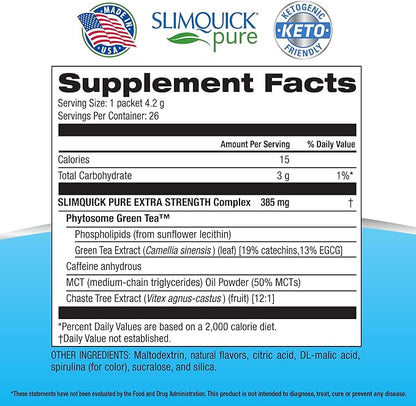 SlimQuick Pure 3X Extra Strength Drink Mix Packets, Metabolism and Weight Management for Women, Helps in Fat Breakdown, with Green Tea, Caffeine, Chaste Tree, Rhodiola - Blue Raspberry 26 Count