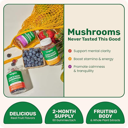 Fungies Mushroom Gummy 3-Pack Bundle, Lion's Mane, Cordyceps & Reishi Gummies for Adults - Mushroom Gummies Supports Brain Health, Gut Health, Energy & Daily Wellness - 180 Servings