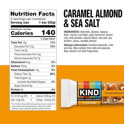 Kind Zero Added Sugar Healthy Snacks Bars, Caramel Almond & Sea Salt, Gluten Free, High Fiber, Keto Snacks, 5g Protein, 5 Count