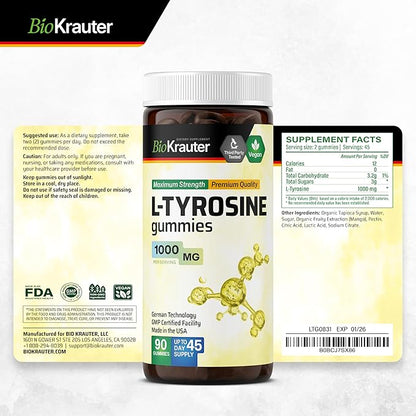 BIO KRAUTER® L Tyrosine for Mood and Cognitive Support - Supplements for Focus & Performance Support - L-tyrosine 1000 mg, 90 Mood Gummies, 45-Day Supply - Non-GMO, Mango Flavor