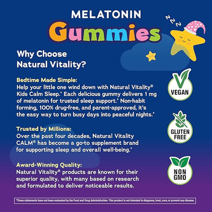 Natural Vitality Kids Calm Sleep Melatonin 1mg Gummies | Nighttime Cherry Flavor | 100% Drug Free | Non-GMO, Vegan & Gluten Free Supplement | 90 Count