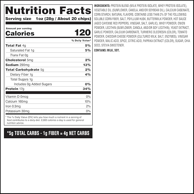 Quest Nutrition Tortilla Style Protein Chips, Buffalo Ranch, 19g of Protein, 4g Net Carbs, Gluten Free Protein Snack, 1.1 Ounce, 4 count
