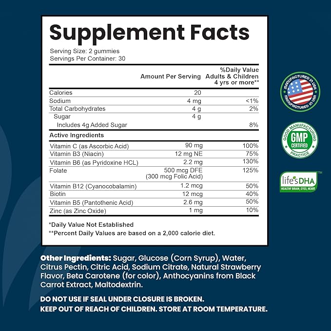 Vitamin B Complex Gummies for Adults, B Complex Vitamin Supplement for Women and Men, B Vitamins Complex Gummies for Energy and Brain Health, Natural Strawberry Flavor, 60 Count