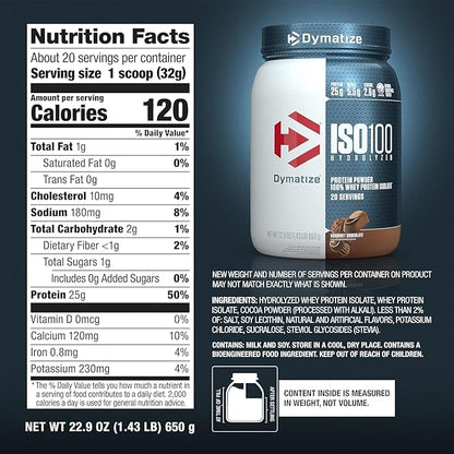 Dymatize ISO100 Hydrolyzed Protein Powder, 100% Whey Isolate Protein, 25g of Protein, 5.5g BCAAs, Gluten Free, Fast Absorbing, Easy Digesting, Gourmet Chocolate, 3 Pound (42 Servings)