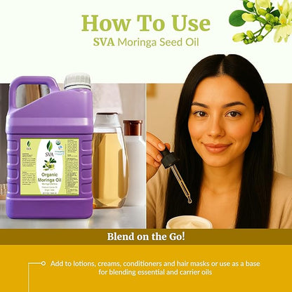 SVA Moringa Seed Oil Organic - 32 Fl Oz – 100% Natural Cold Pressed Moringa Oil - for Face, Skin Care, Hair Care, Scalp Massage & Body Massage – Carrier Oil with Dropper