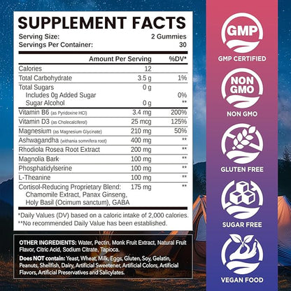 Cortisol Gummies, 12-in-1 Cortisol Reducer, with Magnesium Glycinate, Ashwagandha, L-Theanine, Phosphatidylserine, Vitamin B6 & D3, Rhodiola Rosea, for Men & Women, Sugar-Free, Vegan, NON-GMO, 60CT