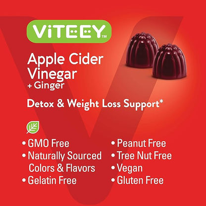 Viteey Apple Cider Vinegar Gummies and Ginger – 1000 mg ACV Gummies for Weight Loss, Detox and Digestion – Vegan, Gluten-Free – 120 Count