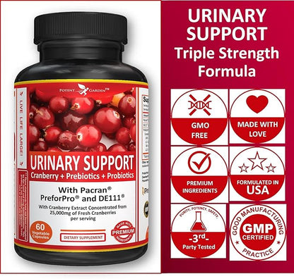 Potent Garden Urinary Support Womens Probiotic for Urinary Tract Health for Women, Cranberry Capsules with 5 Billion CFUs Cranberry Extract, Prebiotics and Probiotics for Women, 60 Caps, 30 Servings