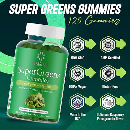Green Superfood Gummies Plus - Supports Healthy Liver, Digestive Health & Immune System - Vegan, Non-GMO, Gluten-Free - Raspberry & Pomegranate Flavor - 120 Count