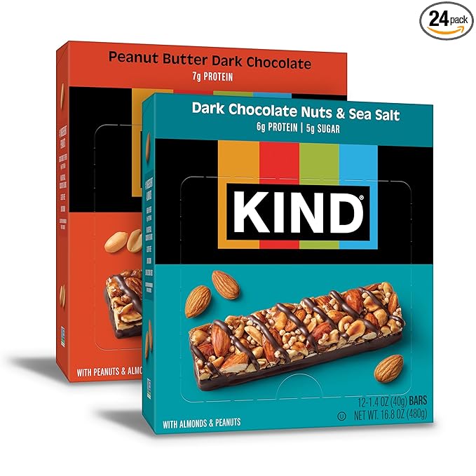 KIND Nut Bars, Dark Chocolate Nuts & Sea Salt, Peanut Butter Dark Chocolate, Gluten Free, Low Sugar, 6-7g Protein, 24 Count