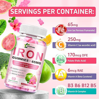 Iron Gummies Vitamin Supplement 65mg & Vitamin C 250mg per Serving with B6 B12 Folate- Energy Support for Iron Deficiency, Anemia, Vegan Guava Hibiscus Flavor, 60 Count