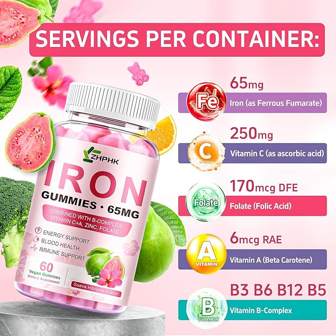 ZHPHK Iron Gummies for Women Men Vitamin Supplement 65mg & Vitamin C 250mg Per Serving with B6 B12 Folate- Energy Support for Iron Deficiency, Anemia, Vegan Guava Hibiscus Flavor, 120 Count