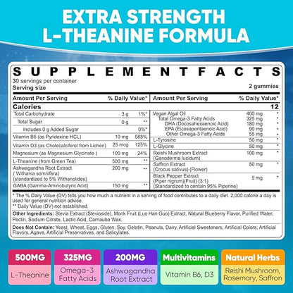 Liposomal L-Theanine Gummies 500mg, Melatonin-Free Calm & Relaxation Gummies with Magnesium Glycinate, 5-HTP, Mushroom, Vitamins D3, B12, Ashwagandha, for Brain Calm, Relax, Mood, Zzz, Vegan 60 Cts