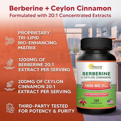 aSquared Nutrition Berberine with Ceylon Cinnamon Supplement - Max Strength Complex - 120 Capsules - Berberine HCl 1200mg Per Serving - Extract Plus Pills Alternative to Gummies & Drops (Pack of 2)