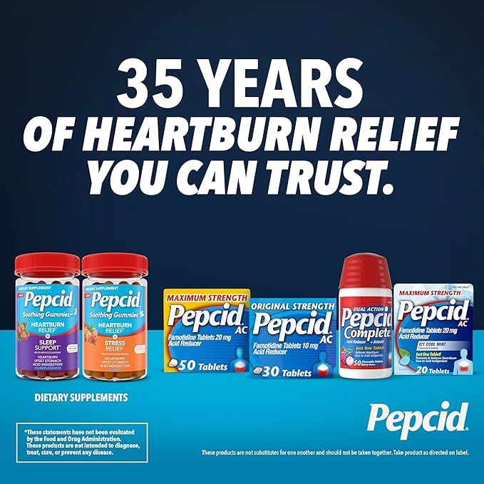 Pepcid Soothing Antacid Gummies, Heartburn Relief + Stress Relief for Occasional Heartburn, Upset Stomach, and Acid Indigestion, with Lemon Balm Extract, Tricalcium Phosphate, Peach-Raspberry, 32 ct