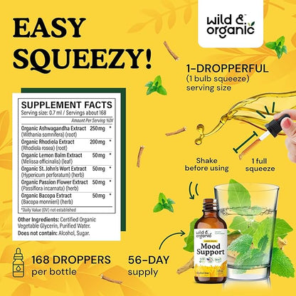 Wild & Organic Mood Support Supplement - Natural Liquid Drops for Positive Energy - Calm Mind Supplement for Women and Men - Non-Alcohol Ashwagandha & Rhodiola Rosea Root Tincture for Good Mood - 4 oz
