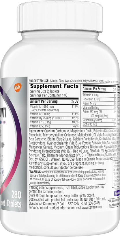 Centrum Minis Silver Women's Multivitamin for Women 50 Plus, Multimineral Supplement with Vitamin D3, B Vitamins, Non-GMO Ingredients, Supports Memory and Cognition in Older Adults - 280 Ct