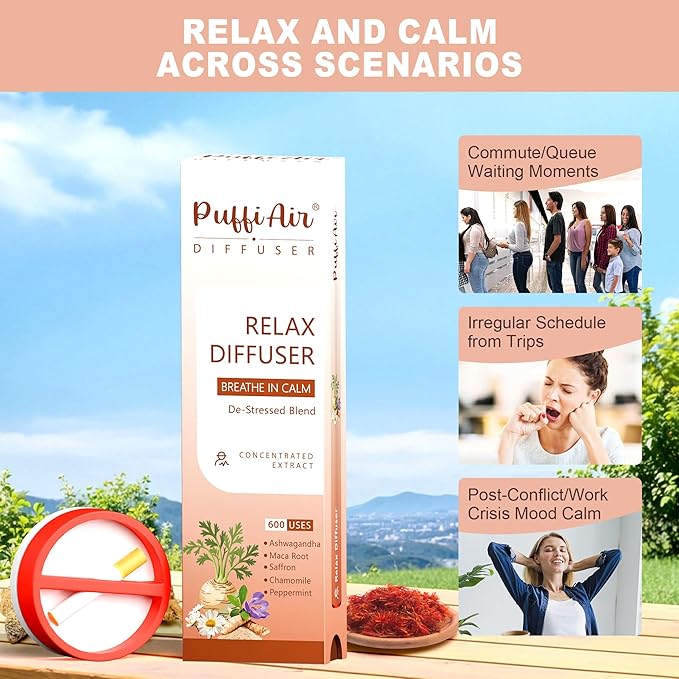 Herbal Diffuser Pen, Relax Diffuser with Chamomile, Peppermint, Saffron, Ashwagandha & Black Maca Root for Breathing in Calm, All Natural Swap - Up to 600 Uses (Varies by Usage), 1 Diffuser, 1 Pack