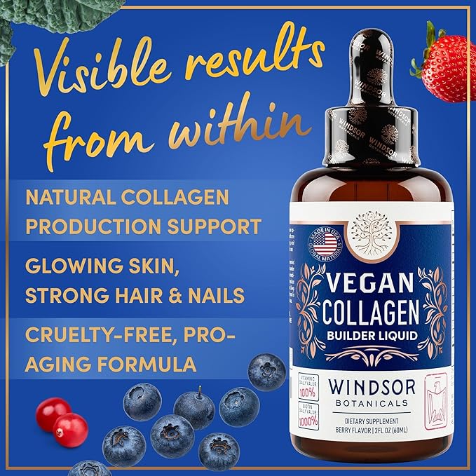 Vegan Collagen Builder Liquid - Vitamin C, Biotin, Hyaluronic Acid & Amino Acids Sugar Free Vegeterian Collagen Booster - Organic Fruit & Vegetable Blend - Hair & Nail Growth, Skin Health - 2oz, 30Day