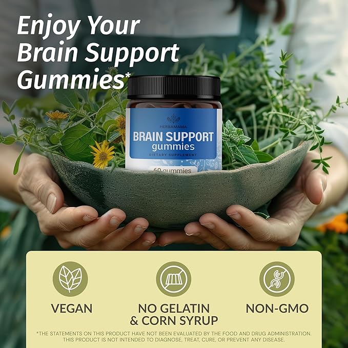 HERBAMAMA Brain Support Gummies – Brain Focus Supplements for Adults with Ashwagandha, Bacopa Monnieri, Vitamin C & B12 – Vegan, Non-GMO Calming Gummies – 60 Pectin-Based Blueberry-Flavored Chews