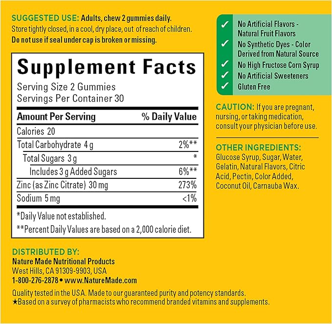 Nature Made Zinc Supplements 30 mg Per Serving, Dietary Supplement for Immune Health and Antioxidant Support, 60 Zinc Gummies, 30 Day Supply