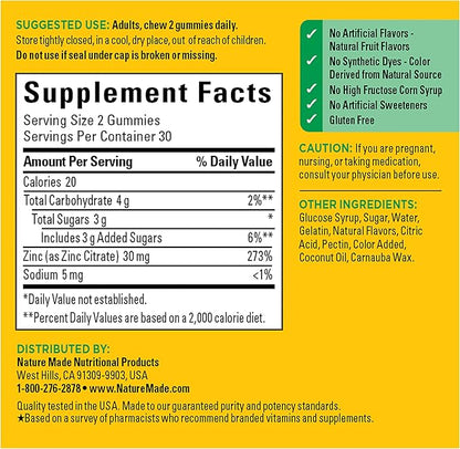 Nature Made Zinc Supplements 30 mg Per Serving, Dietary Supplement for Immune Health and Antioxidant Support, 60 Zinc Gummies, 30 Day Supply