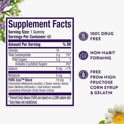 ZzzQuil Pure Zzzs Melatonin Gummies, Melatonin 5mg, Sleep Aid, with Chamomile & Lavender, Melatonin Sleep Gummies, Sleep Aids for Adults, Berry Flavored, 60 Sleep Gummies
