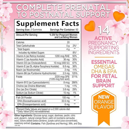 Prenatal Vitamins for Women – Complete Pregnancy Multivitamin - Folic Acid, Omega 3 DHA, Choline, Vitamin D – Essential Support for Mom's & Baby Brain Development - Tasty Orange Flavor - 120 Gummies