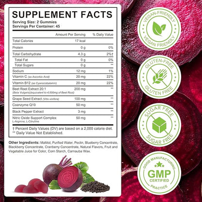 Super Beetroot Gummies, 8 in 1 Beet Root 4,000mg with Grape Seed Extract & CoQ10, Sugar Free - 90 Count (2)