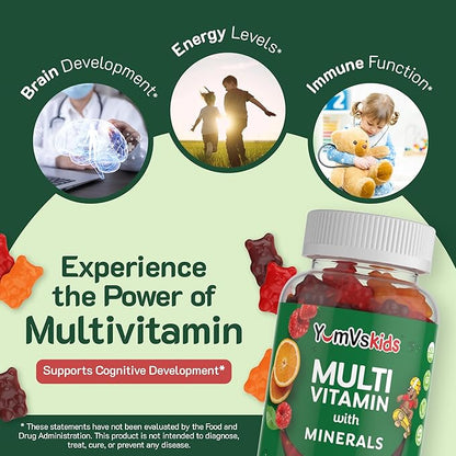 YumVs Kids Multivitamin Gummies - Fruit Flavored Chewable Children's Multivitamin - Kids Vitamins Multivitamin Gummy with 12 Minerals & Vitamins A C D3 E B6 B12 (120 Count (Pack of 1))