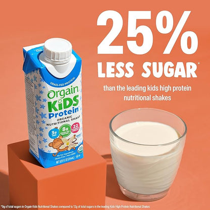 Orgain Organic Kids Nutritional Protein Shake, Vanilla, Healthy Kids Snacks, 8g Dairy Protein, 3g Fiber, 22 Vitamins & Minerals, No Soy ingredients, Gluten Free, Non-GMO, 8.25 Fl Oz (Pack of 12)
