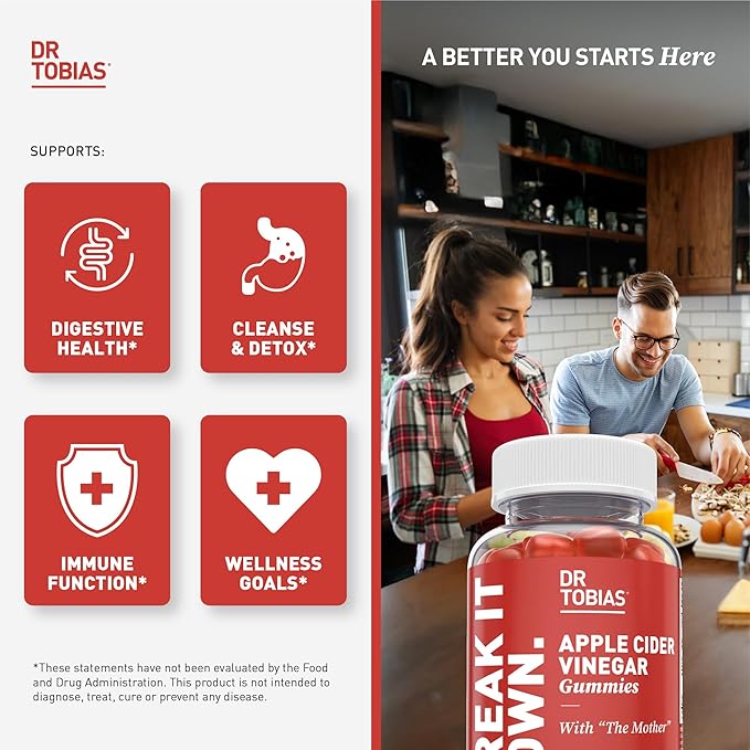 Dr. Tobias Apple Cider Vinegar Gummies with The Mother - 500mg ACV Per Serving, Plus Folate, B6, B12 & Iodine | Supports Digestive Health Gut Cleanse & Detox - Vegan (60 Gummies)