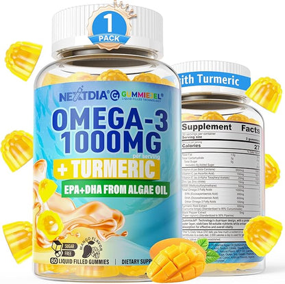 Vegan Omega-3 Gummies 1000mg + Turmeric - Omega 3 Fish Oil Alternative for Adults - Algae DHA 600mg & EPA 300mg, Vitamins A, C, E, Zinc & MSM, Sugar Free, 60 Cts