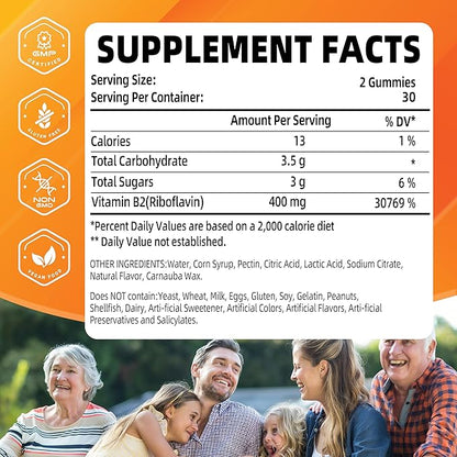 Vitamin B2 Gummies | Riboflavin 400mg | B2 Vitamin 400mg Chewable for Adults and Kids, Migraine Relief & Energy and Nervous System Support, Non GMO, Vegan - 60 Counts