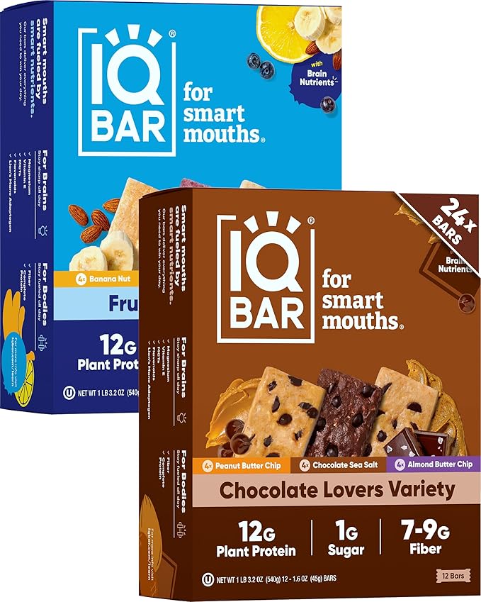 IQBAR Clean Plant Protein Bars - Fruit and Chocolate Lovers - 24 Count - Keto, Vegan, High Fiber, Gluten and Dairy Free, Low Sugar Snack - Brain and Body Nutrients for Focus, Energy, Meal Replacement