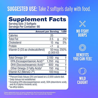 Oceanblue Professional Omega-3 2100 with Vitamin K2 & Vitamin D3 - Triple Strength Burpless Fish Oil Omega-3 Supplement with EPA & DHA - Wild Caught - Orange Flavor - 180 Count