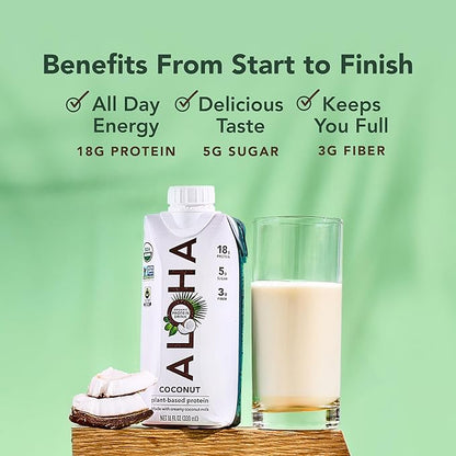 ALOHA Organic Plant-Based Protein Drink – Coconut Flavor | 18g Protein, 5g Sugar, 3g Fiber | Made with Creamy Coconut Milk, Fair Trade Certified, No Stevia | Vegan, Non-GMO, Gluten-Free, 11 fl oz (12 Pack)