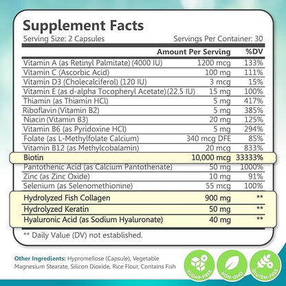 Biotin Collagen & Keratin – Hair, Skin & Nails Vitamins, 45,000 MCG Vitamin Complex (A, B1, B2, B3, B6, B7, C & E)–Biotin for Hair Growth for Women & Men, Hair Vitamins-60 Capsules–Made in USA
