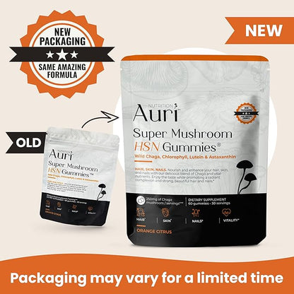 Auri Nutrition Super Mushroom HSN Gummies - Hair Skin and Nails Gummies Functional Mushrooms Supplement - with Wild Chaga, Chlorophyll, Lutein and Astaxanthin - 60 Orange Citrus Gummies