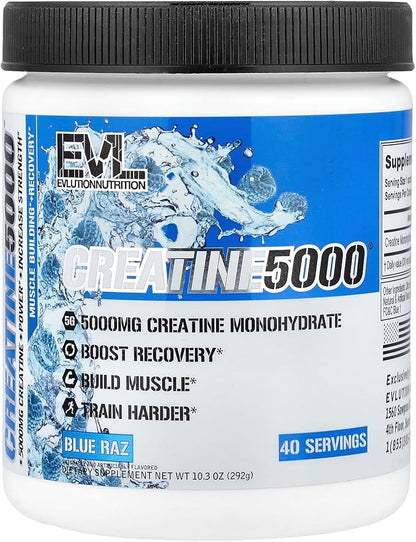 Evlution Nutrition Creatine 5000 - Supports Faster Recovery, Lean Muscle Growth & Performance - Pre & Post Workout Powder - 5000mg Pure Creatine Monohydrate Per Serving - 40 Servings - Blue Raz