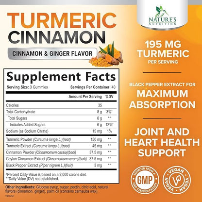 Turmeric Curcumin Supplement Gummies - 95% Curcuminoids with Turmeric Ginger, Black Pepper for Best Absorption, Nature's Vegan Joint Support, Non-GMO, Gluten Free, Tasty Cinnamon Flavor - 120 Gummies