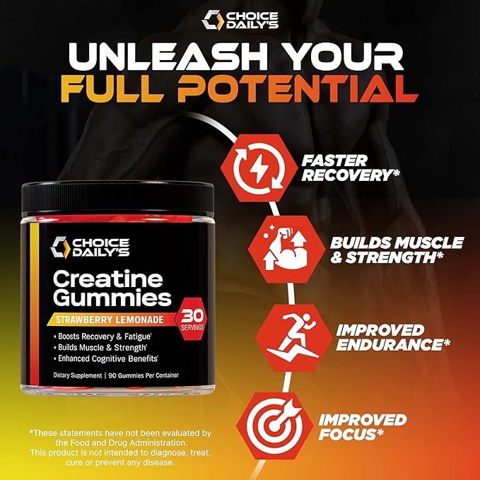 Creatine Gummies - 90 Vegan Friendly Chews - USA Made - Boosts Recovery - Builds Muscle - Enhanced Cognitive Benefits (Large, Strawberry Lemonade)