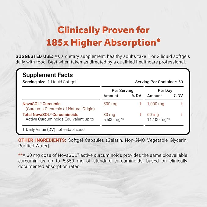 Naturalis NovaSOL Turmeric Curcumin (5,550mg Curcuminoids Equivalent Per Serving) - Clinical Proven with 185X Better Absorption | Antioxidant Support for Brain, Joint & Immune Health* | 60 Servings