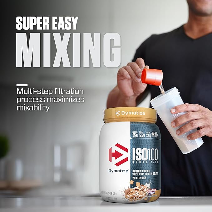 Dymatize ISO100 Whey Protein Powder Isolate, Cinnamon Cereal, 25g of Protein, 5.5g BCAAs, Less Than 120 Cal., Gluten Free, 1g Fat, 1g Sugar, 2g Carb (20 Servings)