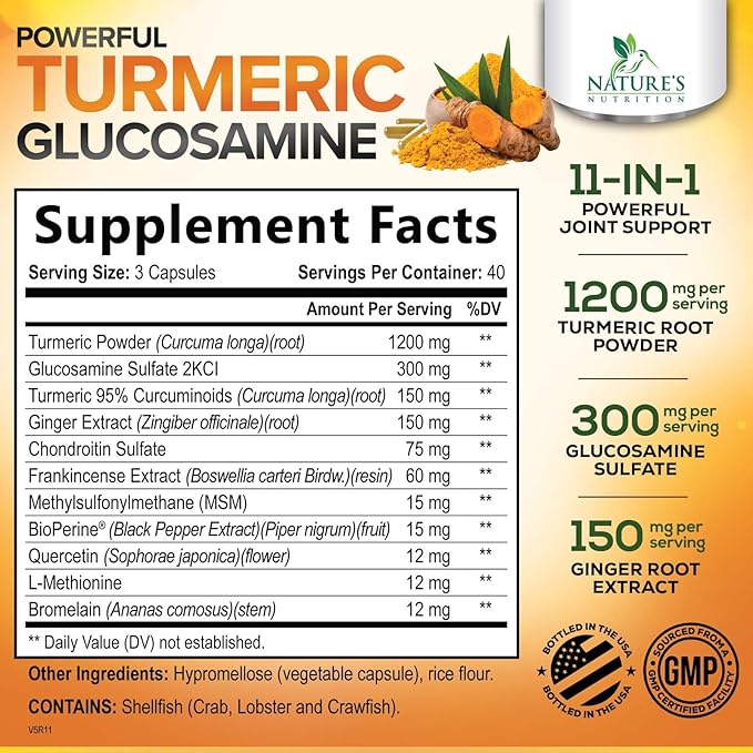 Turmeric Curcumin Supplement - 95% Curcuminoids with Glucosamine, Ginger & MSM, BioPerine Black Pepper Extract for Best Absorption, Natural Vegan Joint Support, Non-GMO, Bottled in USA - 120 Capsules