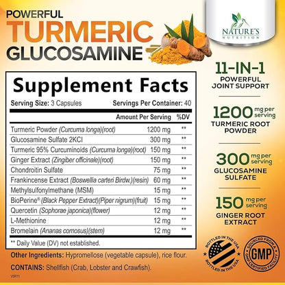 Turmeric Curcumin Supplement - 95% Curcuminoids with Glucosamine, Ginger & MSM, BioPerine Black Pepper Extract for Best Absorption, Natural Vegan Joint Support, Non-GMO, Bottled in USA - 120 Capsules