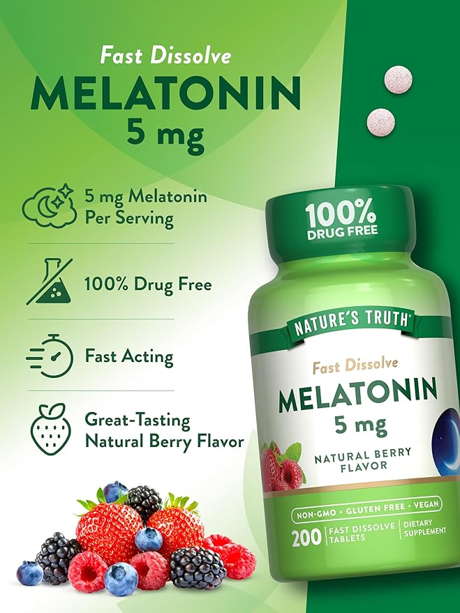 Nature's Truth Melatonin 5mg Fast Dissolve Tablets | 200 Count | Natural Berry Flavor | Vegan, Non-GMO & Gluten Free Supplement